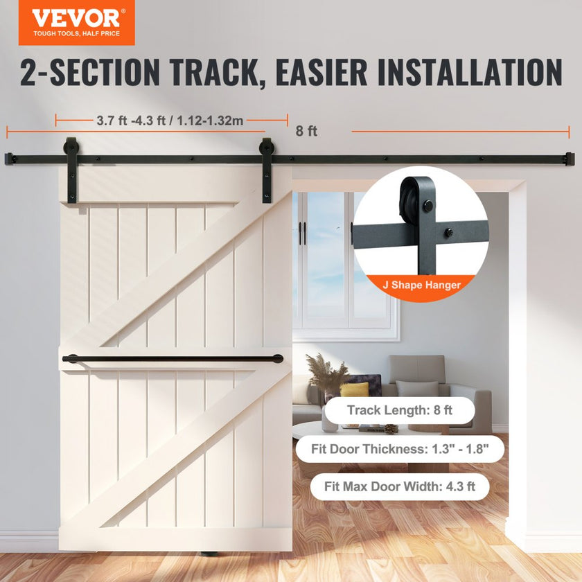 VEVOR 8FT Sliding Barn Door Hardware Kit, 330LBS Loading Heavy Duty Barn Door Track Kit for Single Door, Fit 3.7-4.3FT Wide and 1.3
