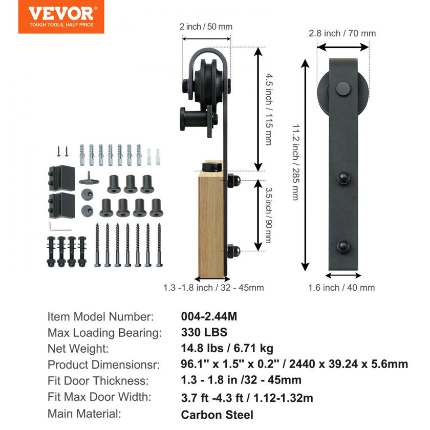 VEVOR 8FT Sliding Barn Door Hardware Kit, 330LBS Loading Heavy Duty Barn Door Track Kit for Single Door, Fit 3.7-4.3FT Wide and 1.3