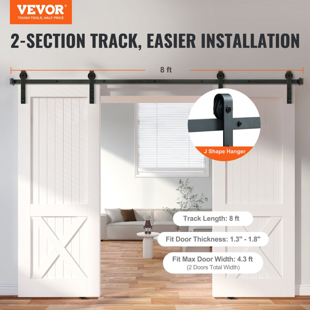 VEVOR 8FT Sliding Barn Door Hardware Kit, 330LBS Heavy Duty Barn Door Track Kit for Double Doors, Fit 3.7-4.3FT Total Wide and 1.3