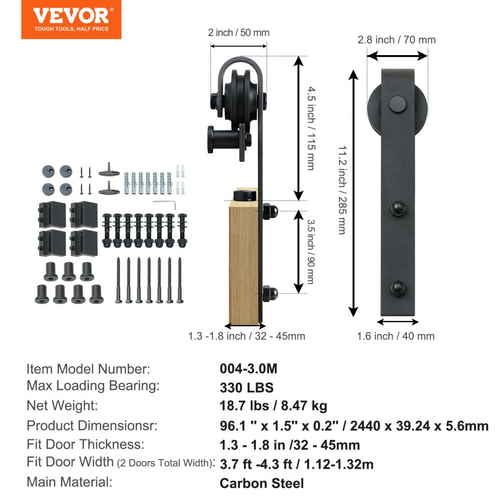 VEVOR 8FT Sliding Barn Door Hardware Kit, 330LBS Heavy Duty Barn Door Track Kit for Double Doors, Fit 3.7-4.3FT Total Wide and 1.3