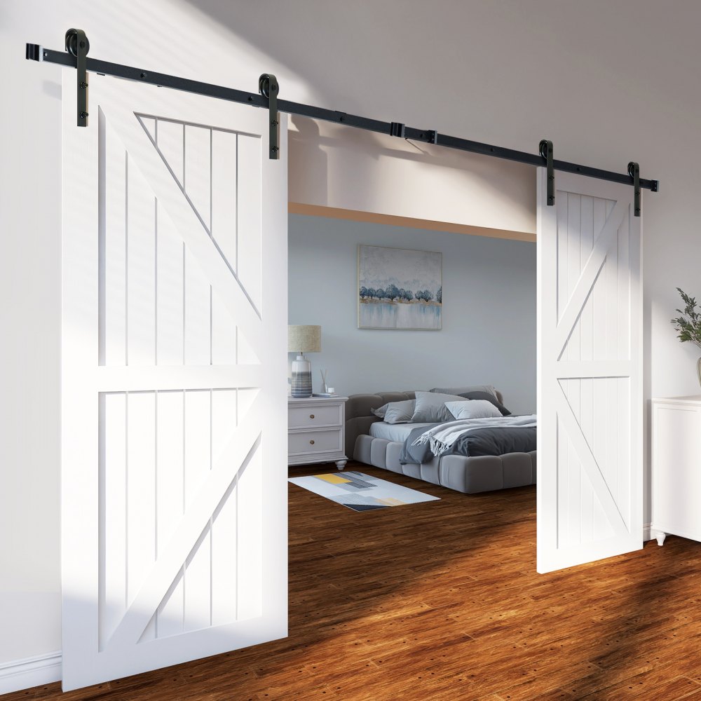 VEVOR 8FT Sliding Barn Door Hardware Kit, 330LBS Heavy Duty Barn Door Track Kit for Double Doors, Fit 3.7-4.3FT Total Wide and 1.3