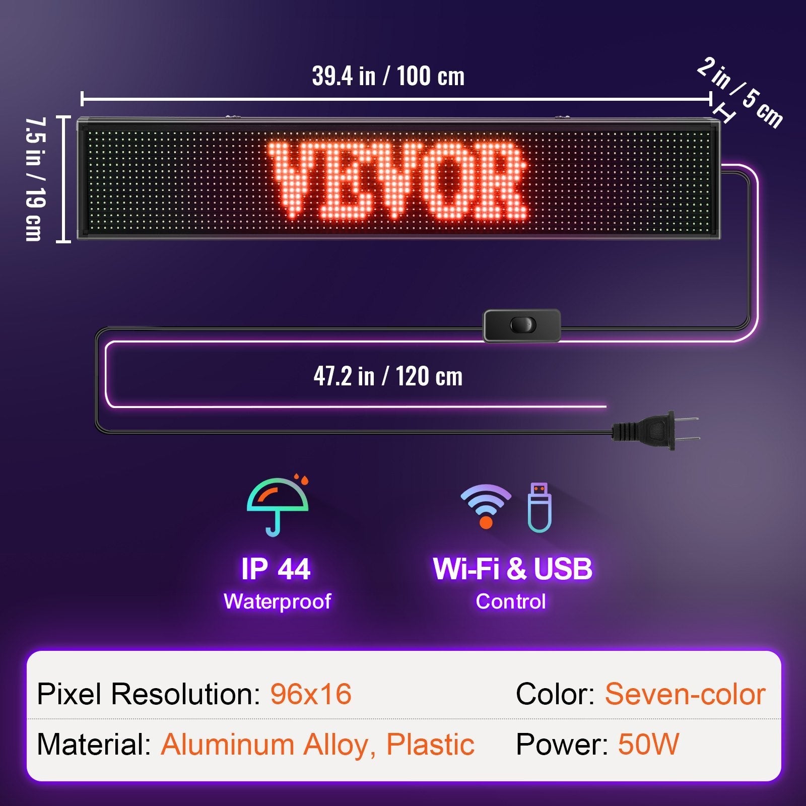 VEVOR Led Sign 40 x 8 inch Led Scrolling Sign Seven-color Digital Led Open Sign Outdoor Wifi High Resolution Bright Electronic Message Display Board with SMD Technology For Advertising and Business