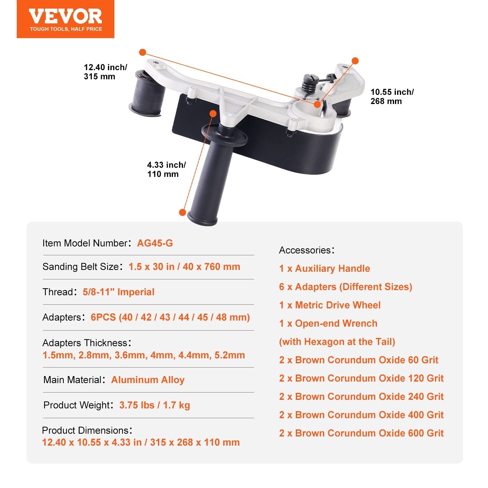VEVOR Belt Sander Adapter for Angle Grinder, Pipe or Tube Sanding Attachment with 5/8-11