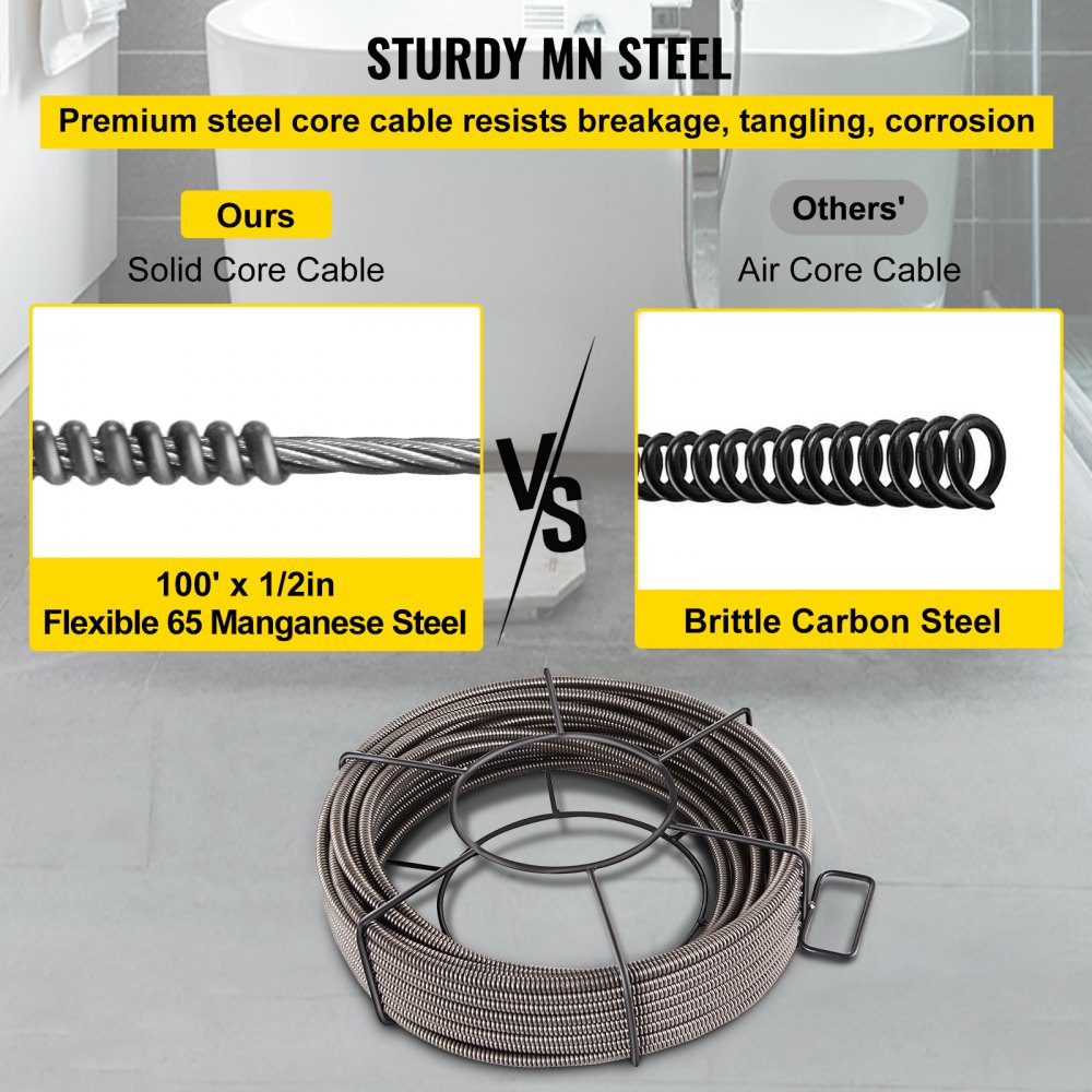 VEVOR Drain Cleaning Cable 100 Feet x 1/2 Inch Solid Core Cable Sewer Cable Drain Auger Cable Cleaner Snake Clog Pipe Drain Cleaning Cable Sewer Drain Auger Snake Pipe