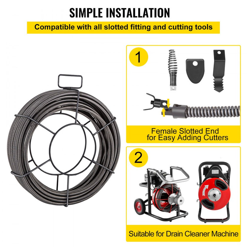 VEVOR Drain Cleaning Cable 100 Feet x 3/8 Inch Solid Core Cable Sewer Cable Drain Auger Cable Cleaner Snake Clog Pipe Drain Cleaning Cable Sewer Drain Auger Snake Pipe