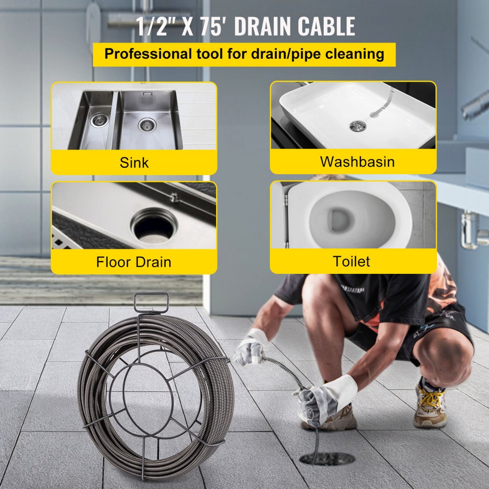 VEVOR Drain Cleaning Cable 75 Feet x 1/2 Inch Solid Core Cable Sewer Cable Drain Auger Cable Cleaner Snake Clog Pipe Drain Cleaning Cable Sewer Drain Auger Snake Pipe