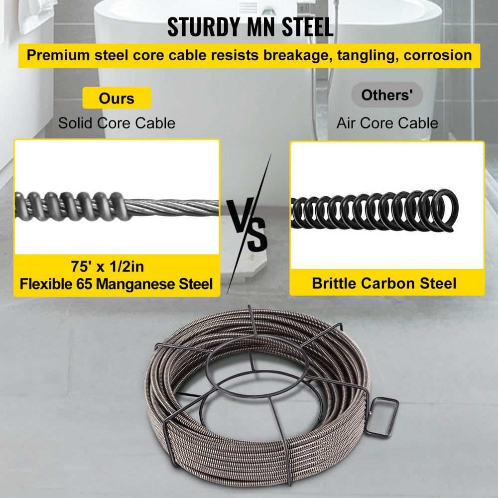 VEVOR Drain Cleaning Cable 75 Feet x 1/2 Inch Solid Core Cable Sewer Cable Drain Auger Cable Cleaner Snake Clog Pipe Drain Cleaning Cable Sewer Drain Auger Snake Pipe