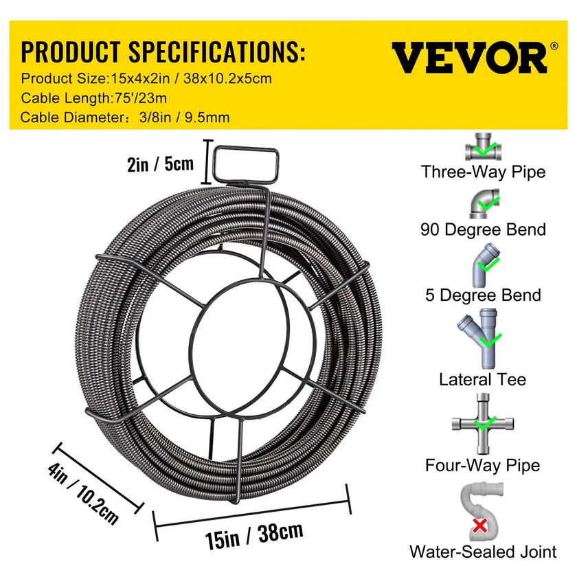 VEVOR Drain Cleaning Cable 75 Feet x 3/8 Inch Solid Core Cable Sewer Cable Drain Auger Cable Cleaner Snake Clog Pipe Drain Cleaning Cable Sewer Drain Auger Snake Pipe