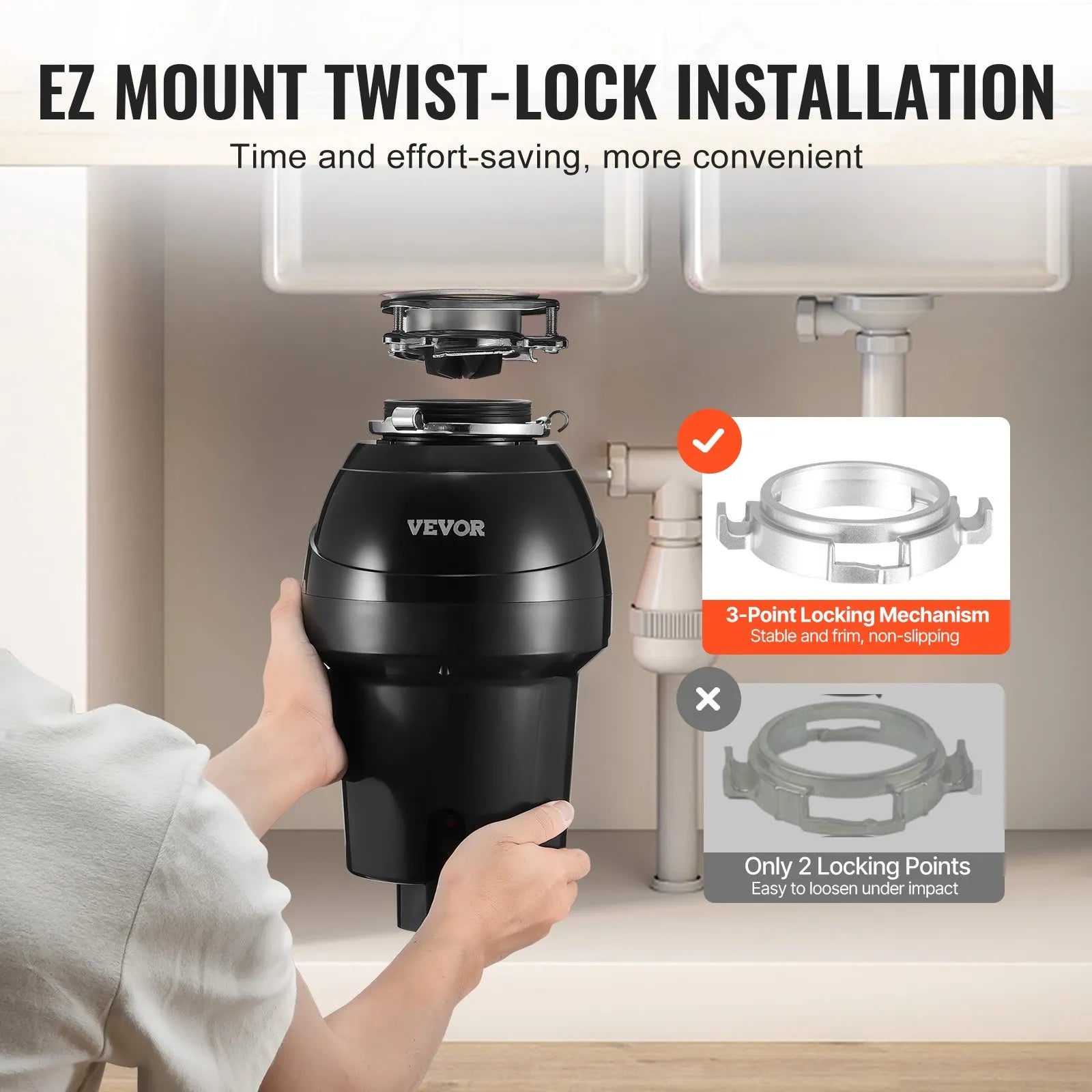 VEVOR Garbage Disposal 1.25 HP Continuous Food Waste Disposer 3360RPM EZ Connect