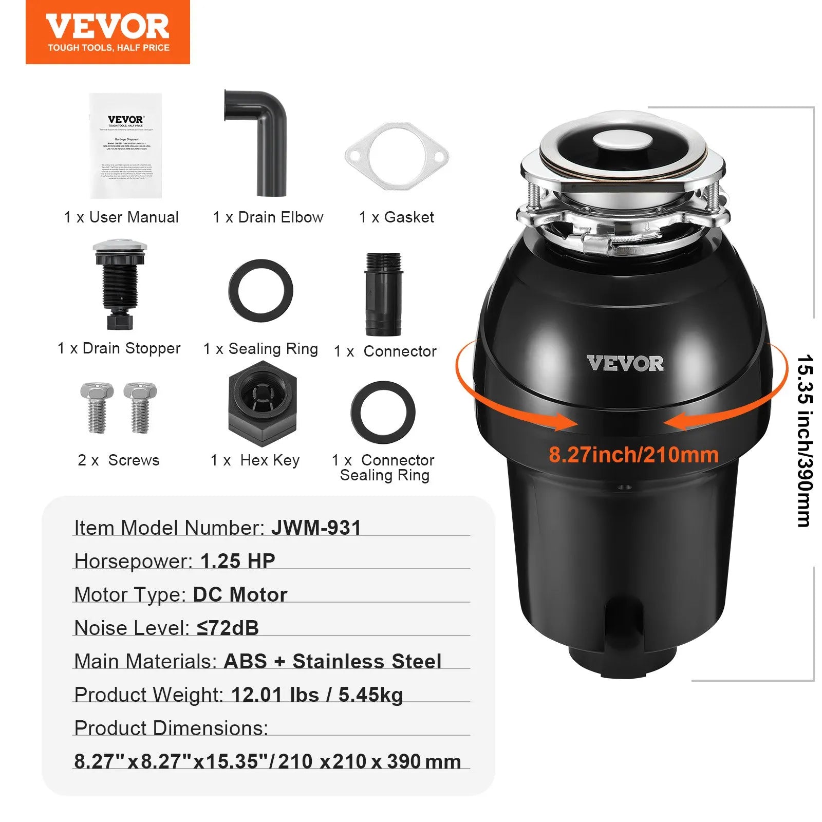 VEVOR Garbage Disposal 1.25 HP Continuous Food Waste Disposer 3360RPM EZ Connect