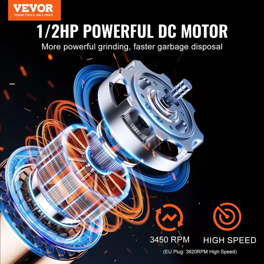 VEVOR Garbage Disposal 1/2 HP Continuous Food Waste Disposer 3450 RPM EZ Connect