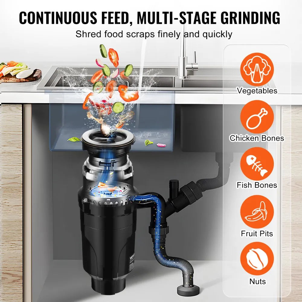 VEVOR Garbage Disposal 1/2 HP Continuous Food Waste Disposer 3450 RPM EZ Connect