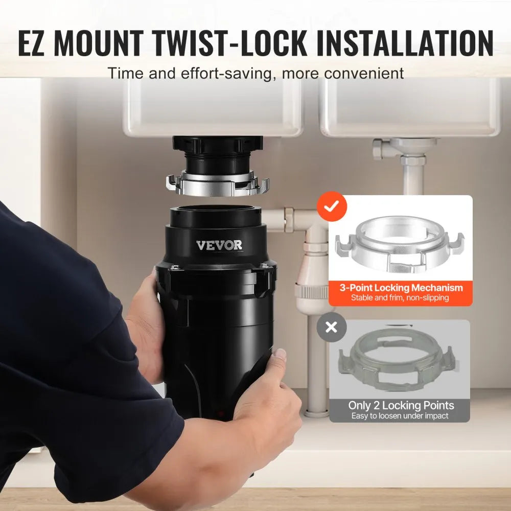 VEVOR Garbage Disposal 1/2 HP Continuous Food Waste Disposer 3450 RPM EZ Connect