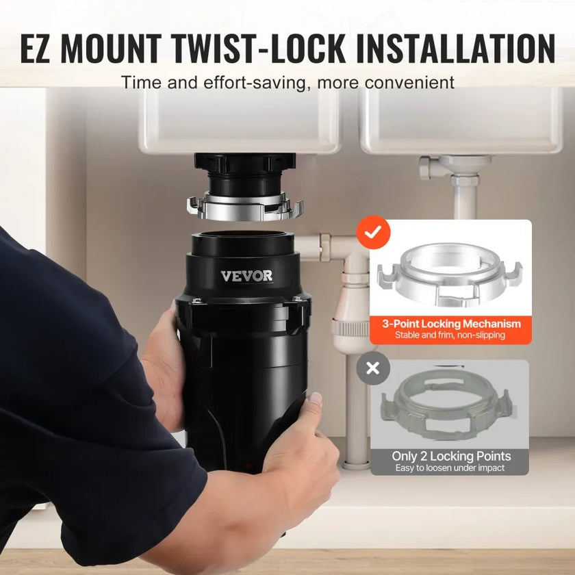 VEVOR Garbage Disposal 1/2 HP Continuous Food Waste Disposer 3450 RPM EZ Connect