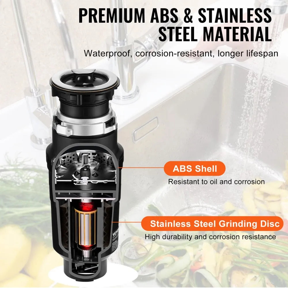VEVOR Garbage Disposal 1/2 HP Continuous Food Waste Disposer 3450 RPM EZ Connect