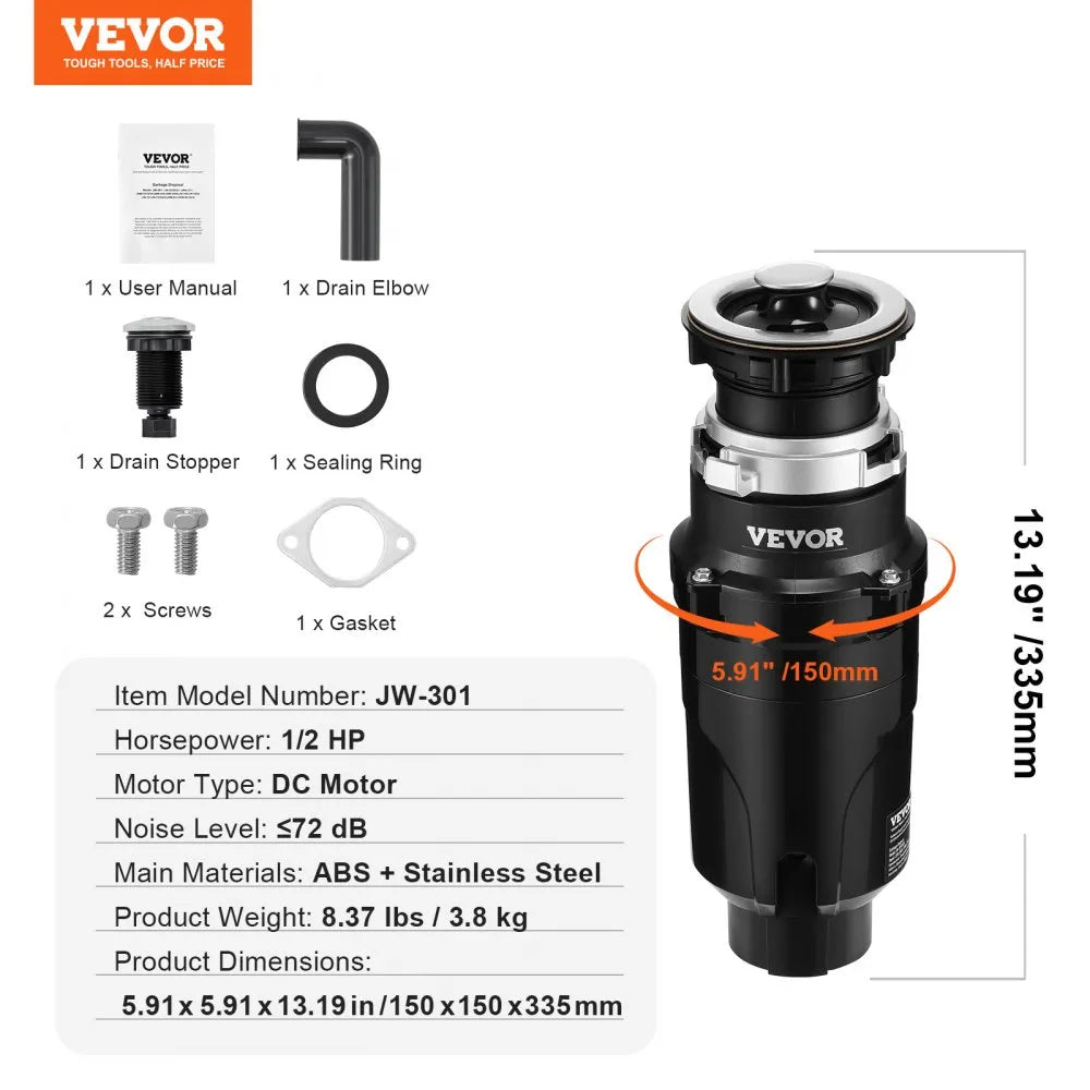 VEVOR Garbage Disposal 1/2 HP Continuous Food Waste Disposer 3450 RPM EZ Connect