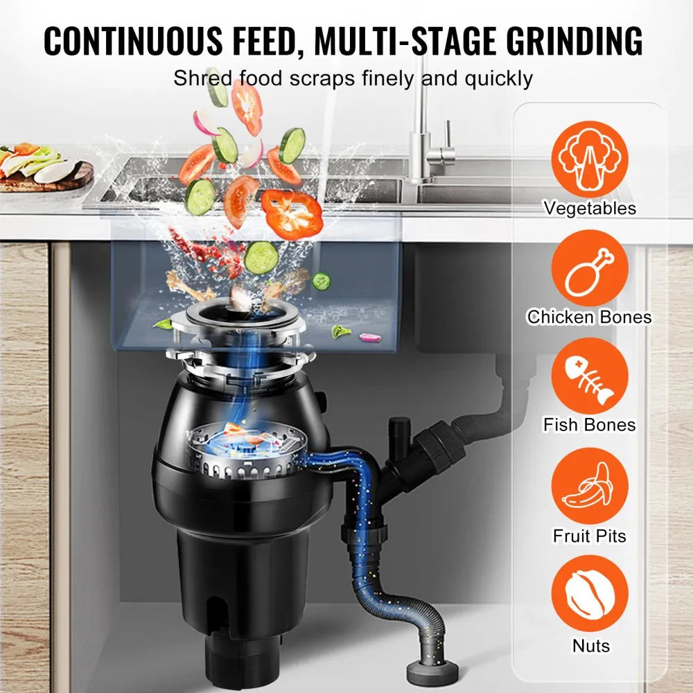 VEVOR Garbage Disposal 1/2 HP Continuous Food Waste Disposer 3450 RPM 3-Bolt