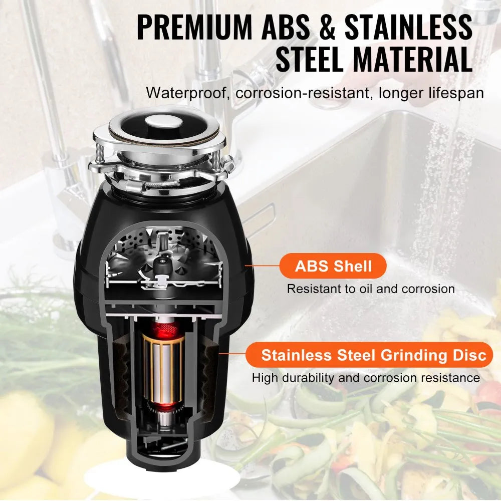 VEVOR Garbage Disposal 1/2 HP Continuous Food Waste Disposer 3450 RPM 3-Bolt