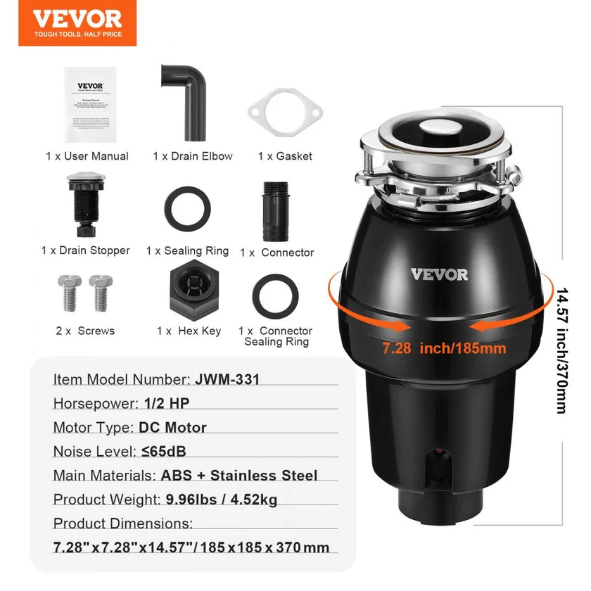 VEVOR Garbage Disposal 1/2 HP Continuous Food Waste Disposer 3450 RPM 3-Bolt