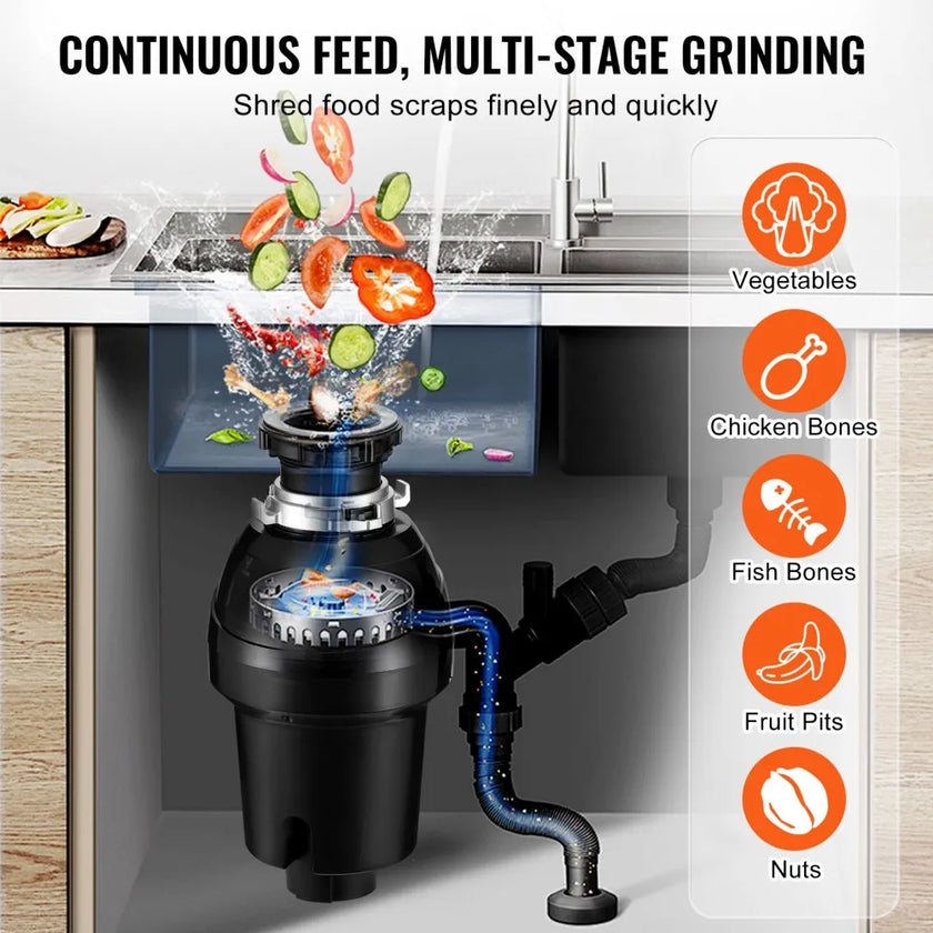 VEVOR Garbage Disposal 1 HP Continuous Food Waste Disposer 3270 RPM EZ Connect