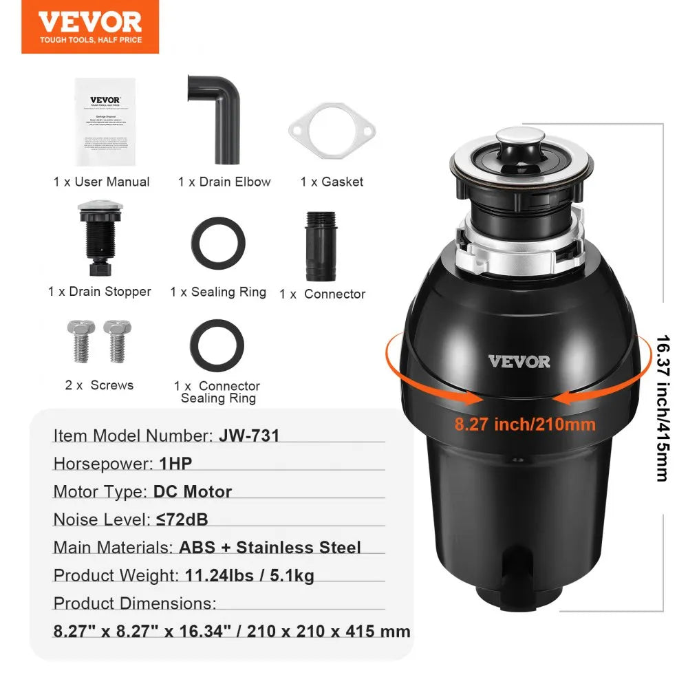 VEVOR Garbage Disposal 1 HP Continuous Food Waste Disposer 3270 RPM EZ Connect