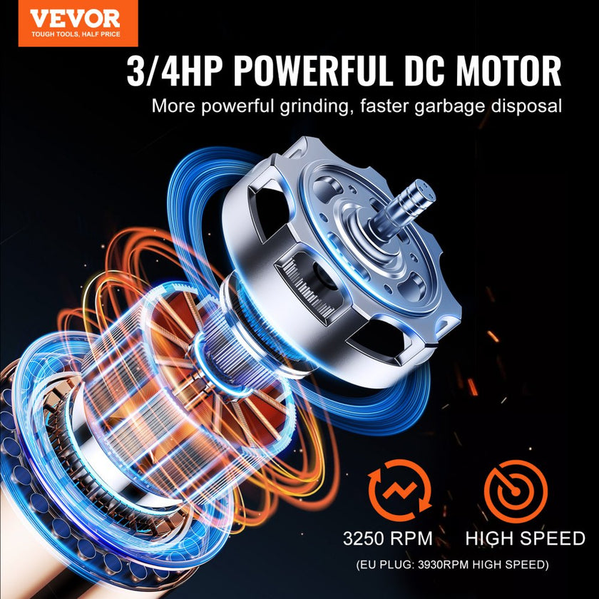 VEVOR Garbage Disposal 3/4 HP Continuous Food Waste Disposer 3250 RPM EZ Connect