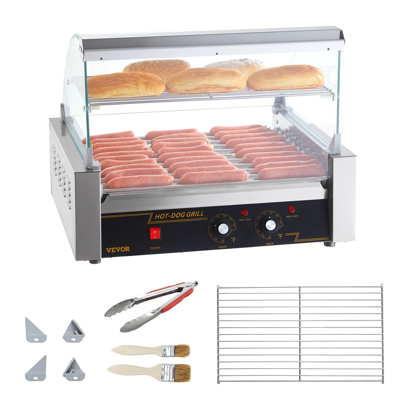 VEVOR Hot Dog Roller, 11 Rollers 30 Hot Dogs Capacity, 1650W Stainless Sausage Grill Cooker Machine with Dual Temp Control Glass Hood Acrylic Cover Bun Warmer Shelf Removable Drip Tray, ETL Certified