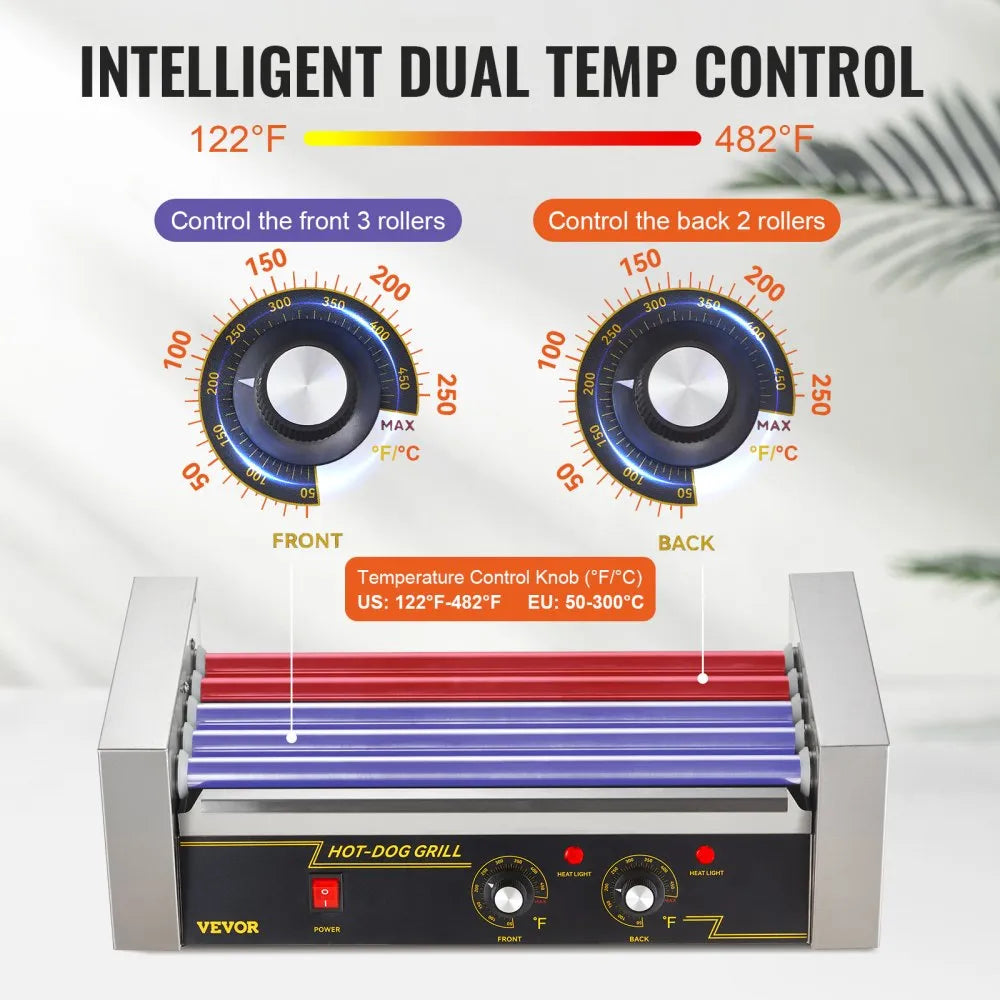 VEVOR Hot Dog Roller 5 Rollers 12 Hot Dogs Capacity, 750W Stainless Sausage Grill Cooker Machine with Dual Temp Control Glass Hood Acrylic Cover Bun Warmer Shelf Removable Oil Drip Tray ETL Certified