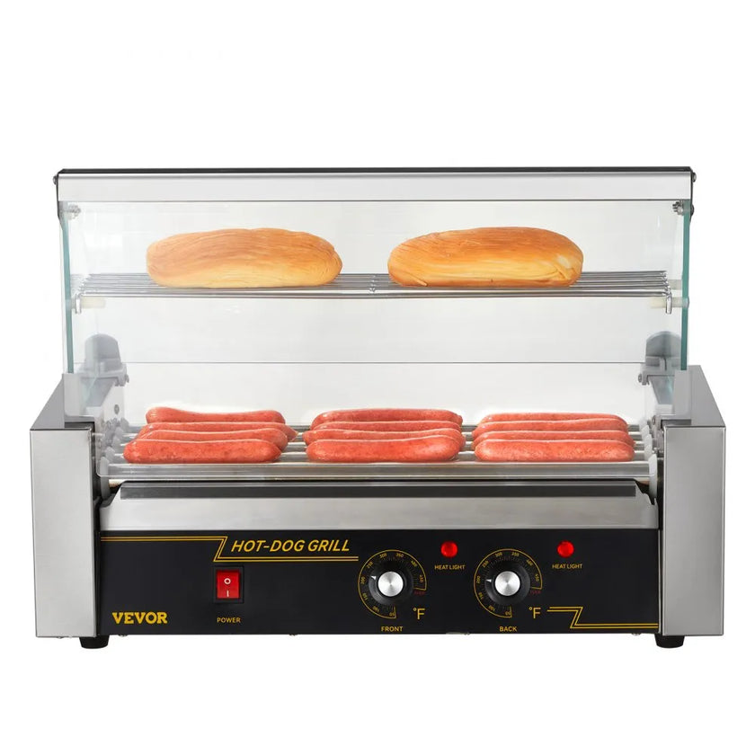 VEVOR Hot Dog Roller 5 Rollers 12 Hot Dogs Capacity, 750W Stainless Sausage Grill Cooker Machine with Dual Temp Control Glass Hood Acrylic Cover Bun Warmer Shelf Removable Oil Drip Tray ETL Certified