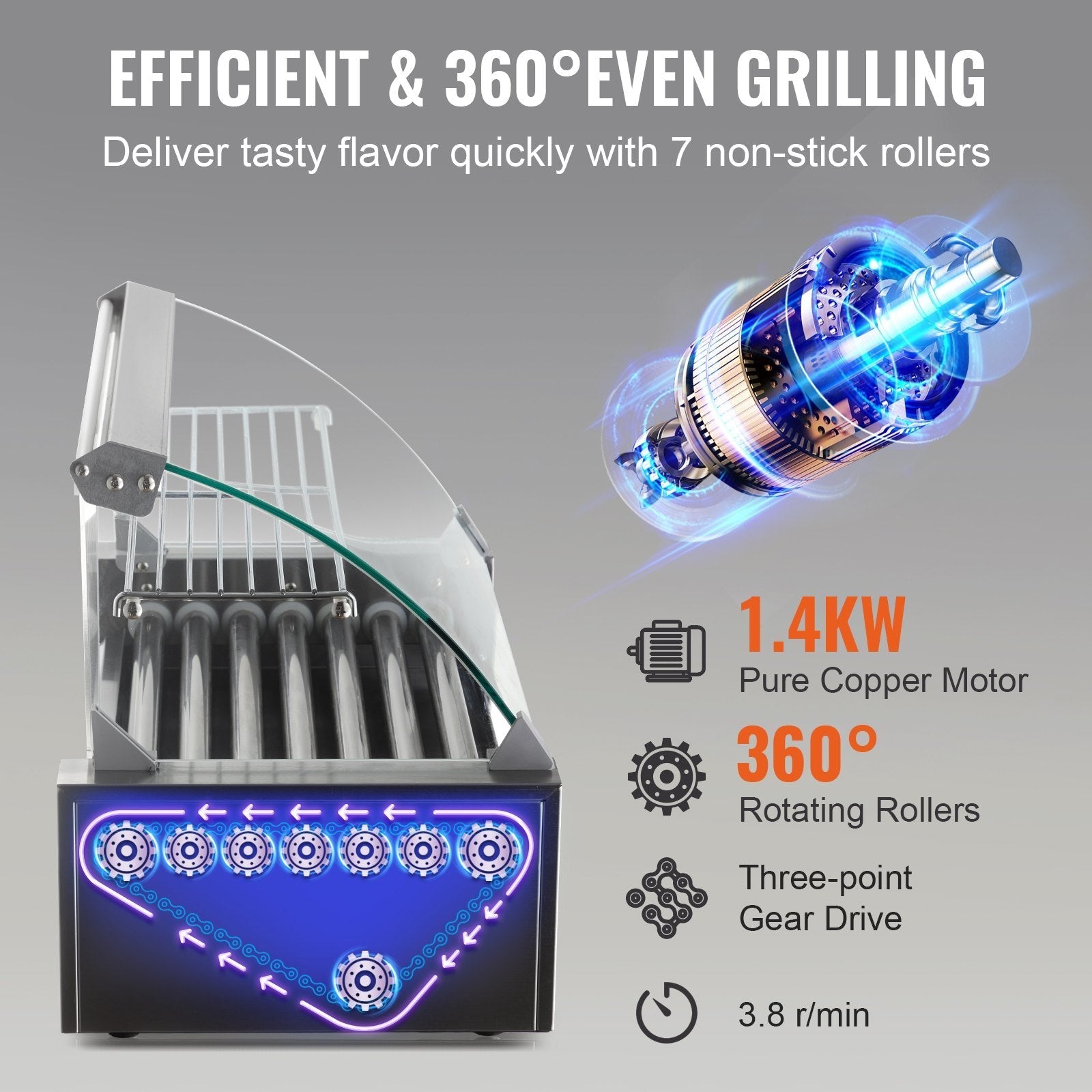 VEVOR Hot Dog Roller 7 Rollers 18 Hot Dogs Capacity, 1050W Stainless Sausage Grill Cooker Machine with Dual Temp Control Glass Hood Acrylic Cover Bun Warmer Shelf Removable Oil Drip Tray ETL Certified