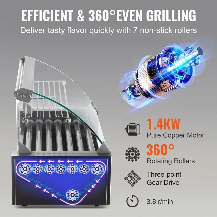 VEVOR Hot Dog Roller 7 Rollers 18 Hot Dogs Capacity, 1050W Stainless Sausage Grill Cooker Machine with Dual Temp Control Glass Hood Acrylic Cover Bun Warmer Shelf Removable Oil Drip Tray ETL Certified
