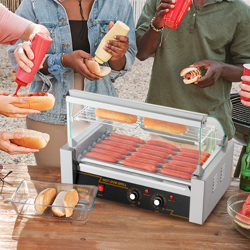 VEVOR Hot Dog Roller 7 Rollers 18 Hot Dogs Capacity, 1050W Stainless Sausage Grill Cooker Machine with Dual Temp Control Glass Hood Acrylic Cover Bun Warmer Shelf Removable Oil Drip Tray ETL Certified