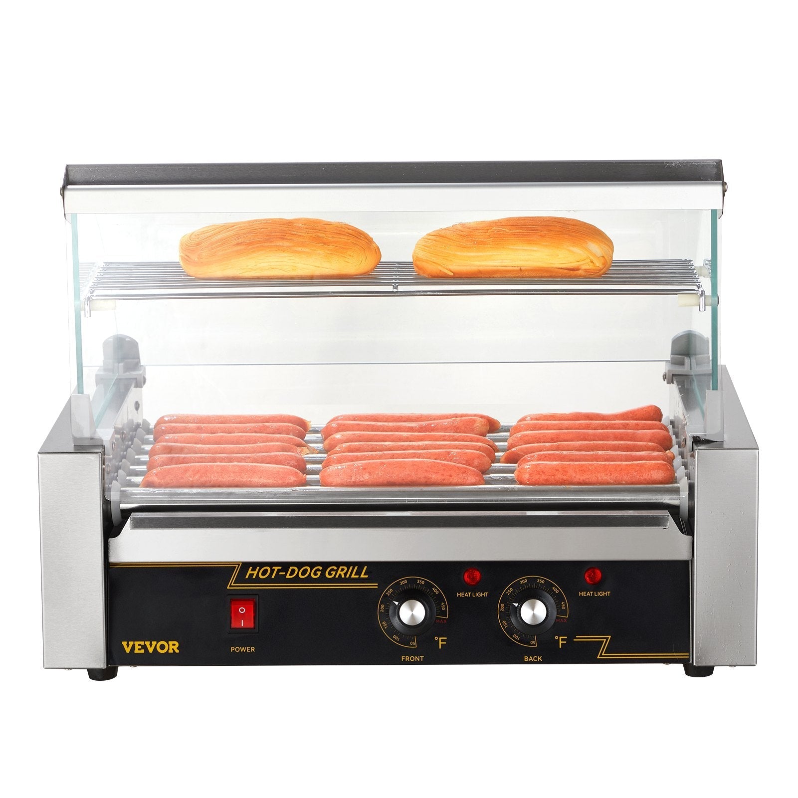 VEVOR Hot Dog Roller 7 Rollers 18 Hot Dogs Capacity, 1050W Stainless Sausage Grill Cooker Machine with Dual Temp Control Glass Hood Acrylic Cover Bun Warmer Shelf Removable Oil Drip Tray ETL Certified