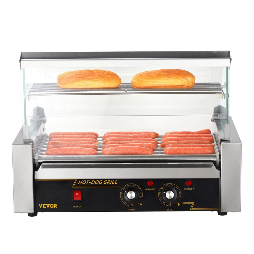 VEVOR Hot Dog Roller 7 Rollers 18 Hot Dogs Capacity, 1050W Stainless Sausage Grill Cooker Machine with Dual Temp Control Glass Hood Acrylic Cover Bun Warmer Shelf Removable Oil Drip Tray ETL Certified