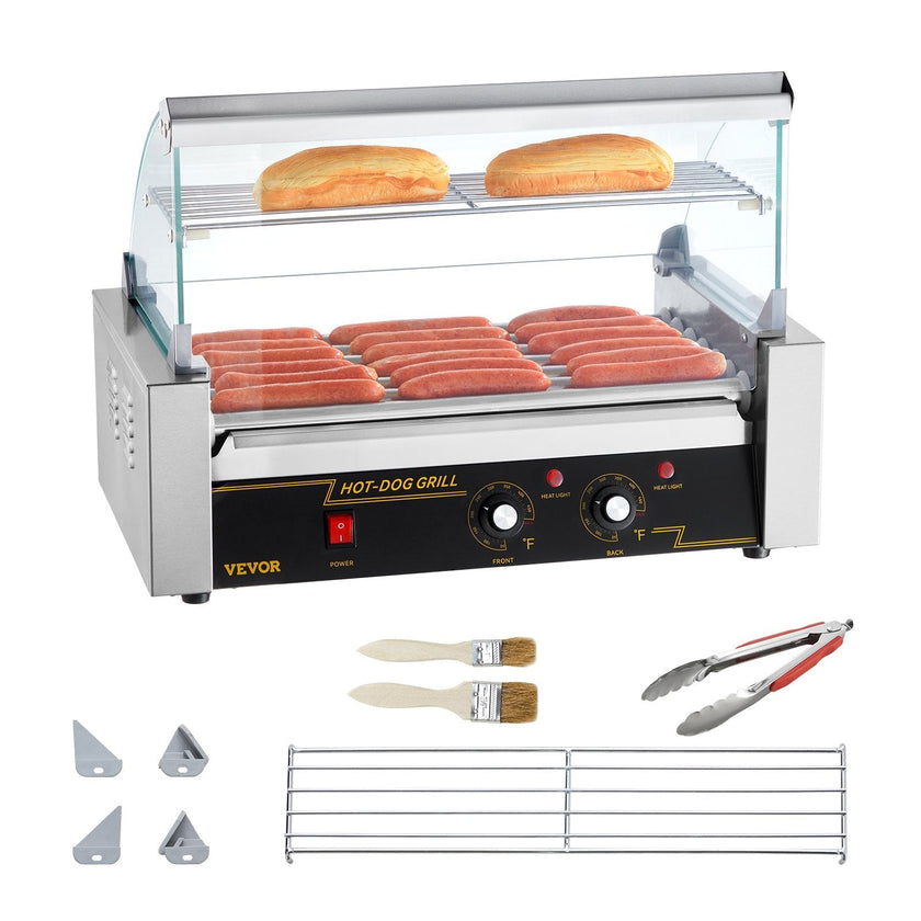 VEVOR Hot Dog Roller 7 Rollers 18 Hot Dogs Capacity, 1050W Stainless Sausage Grill Cooker Machine with Dual Temp Control Glass Hood Acrylic Cover Bun Warmer Shelf Removable Oil Drip Tray ETL Certified