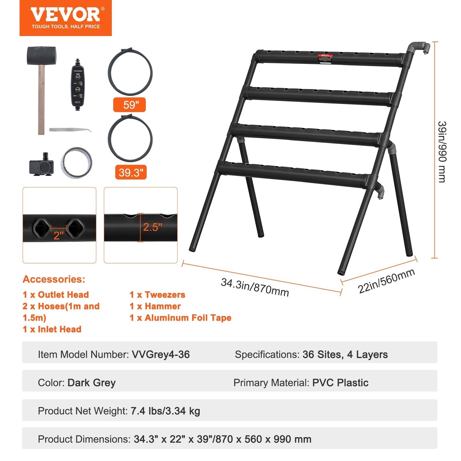 VEVOR Hydroponics Growing System, 36 Sites 4 Layers, Dark Grey PVC Pipes Hydroponic Grow Kit with Water Pump, Timer, Baskets and Sponges for Fruits, Vegetables, Herb