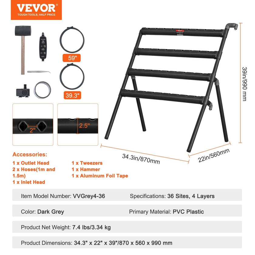 VEVOR Hydroponics Growing System, 36 Sites 4 Layers, Dark Grey PVC Pipes Hydroponic Grow Kit with Water Pump, Timer, Baskets and Sponges for Fruits, Vegetables, Herb