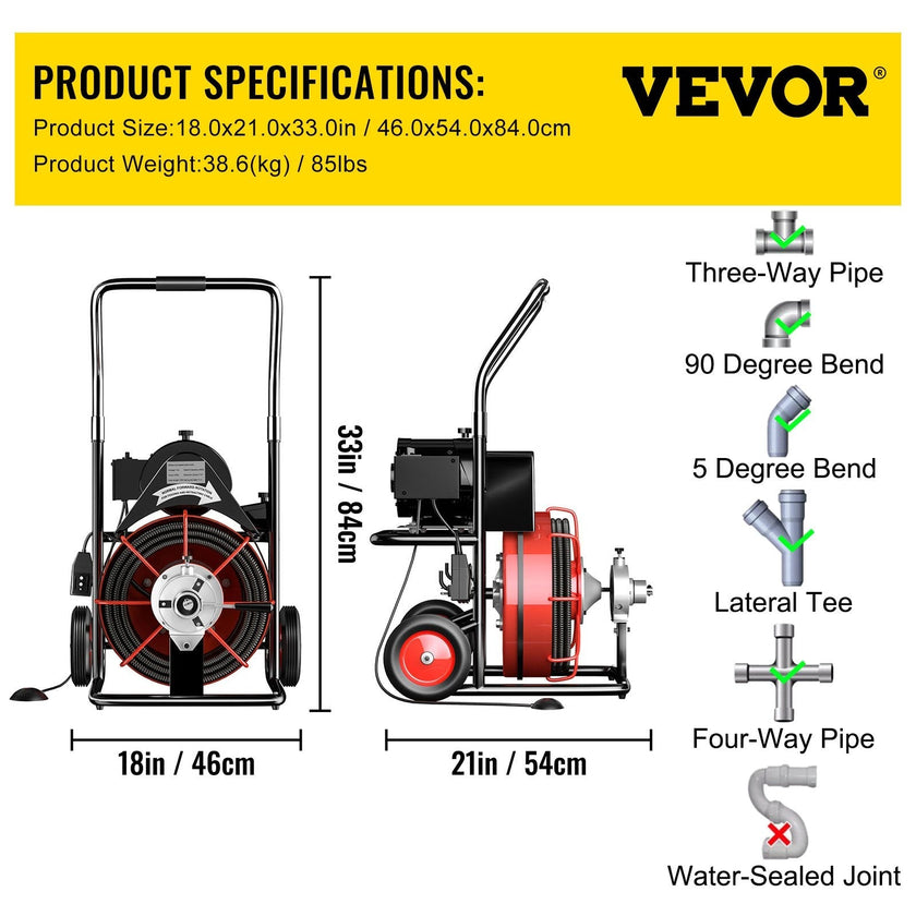 100' x 3/8'' Drain Cleaner 370W Drain Cleaning Machine Sewer Clog w/ Cutters 1700R/min