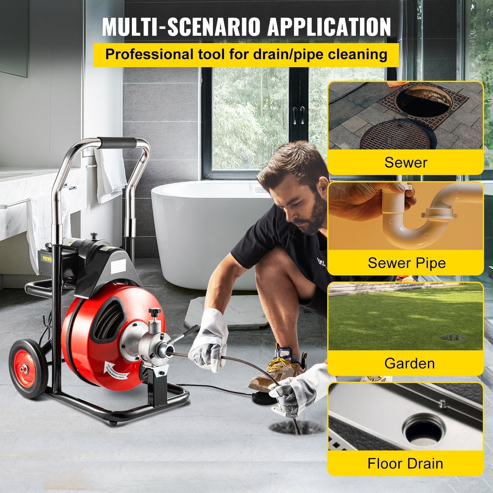 VEVOR 100Ft x 3/8Inch Drain Cleaner Machine fit 1 Inch (25mm) to 4 Inch(100mm) Pipes 370W Drain Cleaning Machine Portable Electric Drain Auger with Cutters Drain Auger Cleaner Plumbing Tool