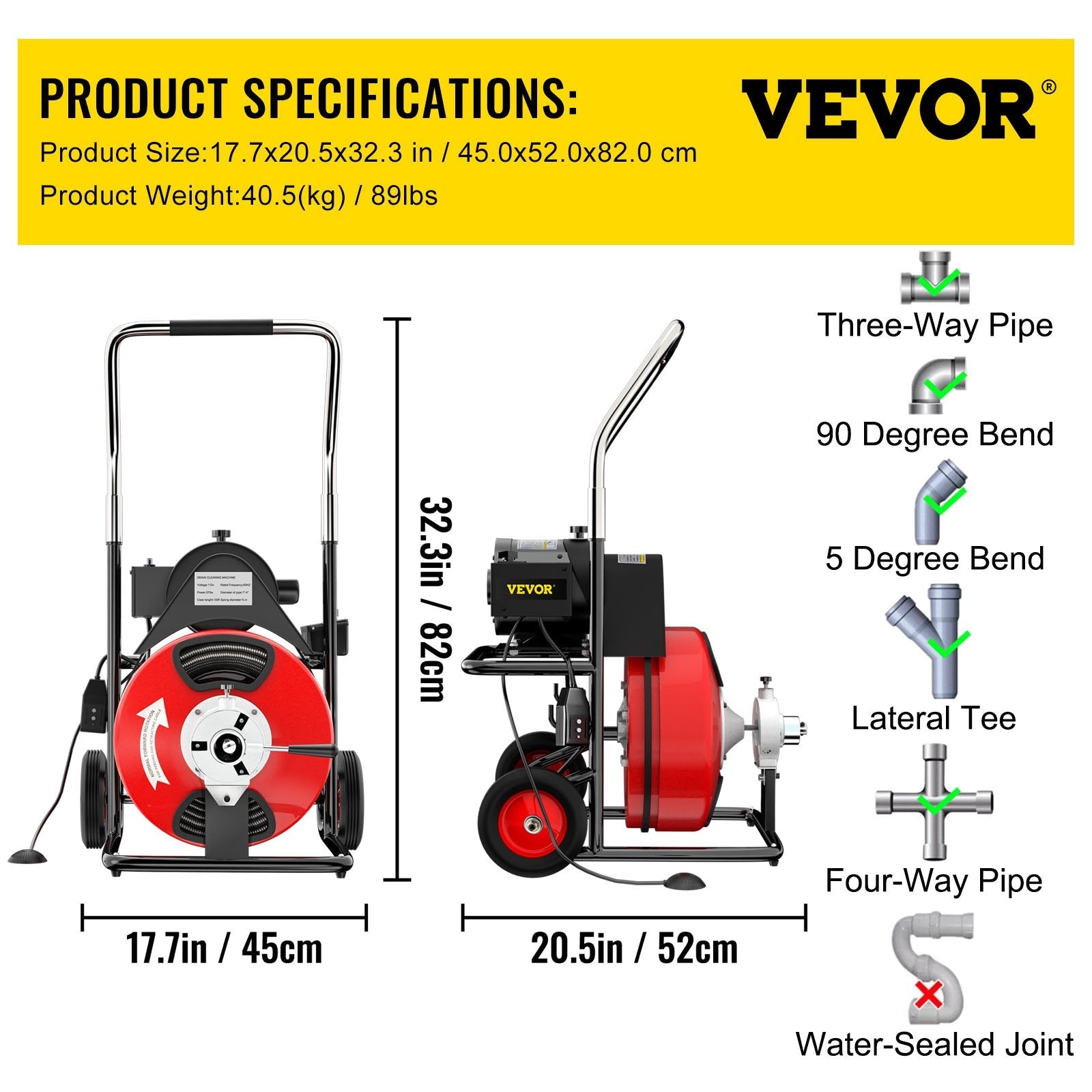 VEVOR 100Ft x 3/8Inch Drain Cleaner Machine fit 1 Inch (25mm) to 4 Inch(100mm) Pipes 370W Drain Cleaning Machine Portable Electric Drain Auger with Cutters Drain Auger Cleaner Plumbing Tool