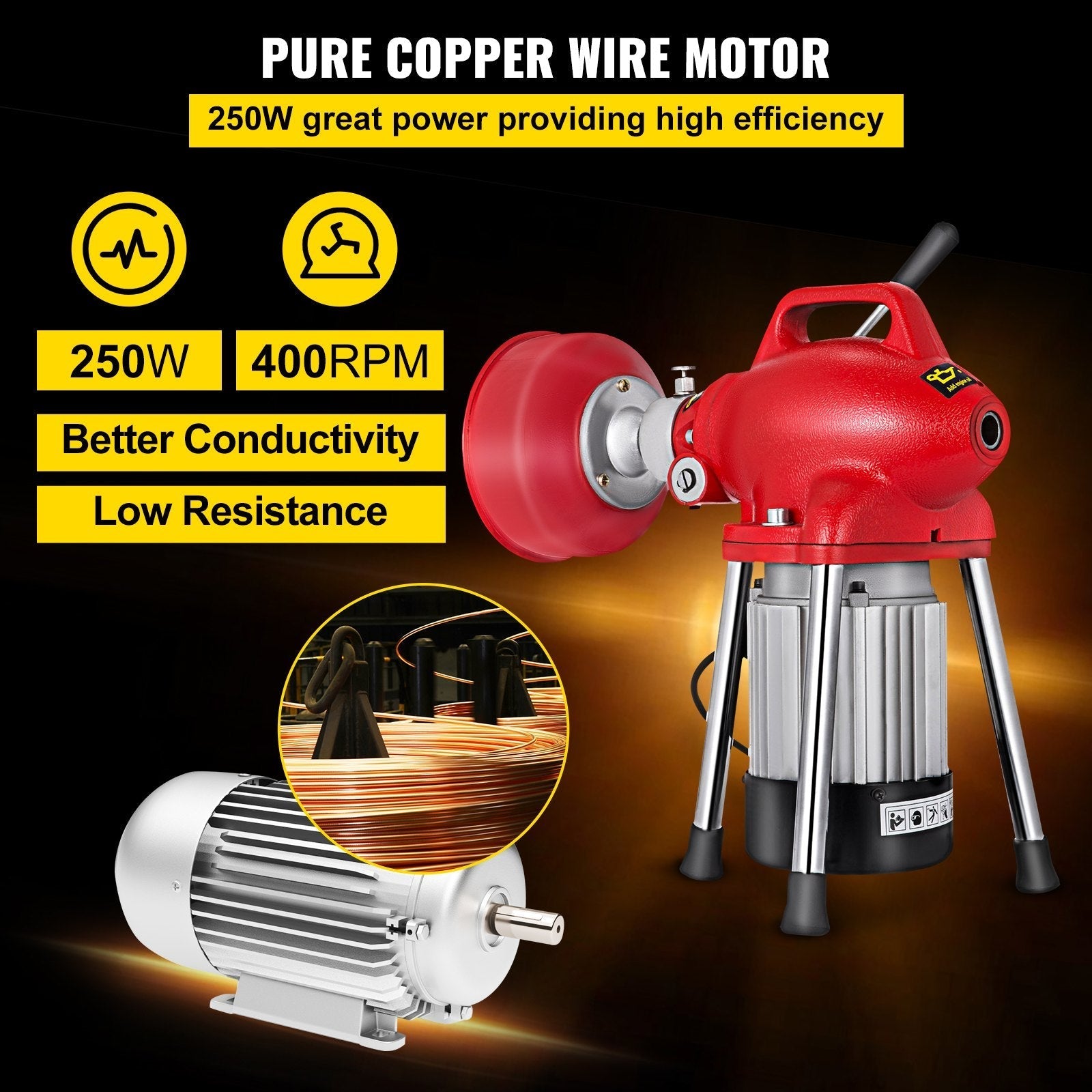 VEVOR Drain Cleaner Machine, 250W 2 Cables, Electric Drain Auger for 3/4\