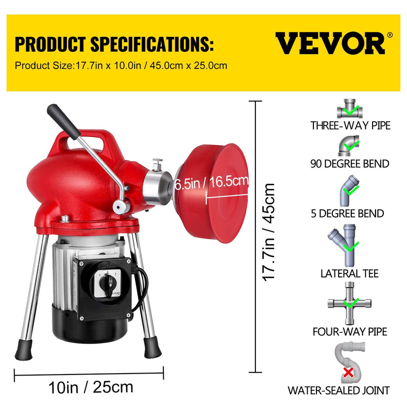 VEVOR Drain Cleaner Machine, 250W 2 Cables, Electric Drain Auger for 3/4\