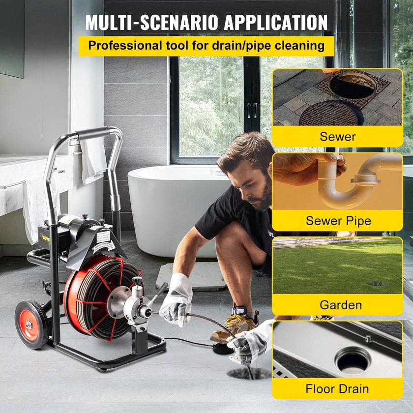 VEVOR 100 Ft x 1/2Inch Drain Cleaner Machine fit 2 Inch (50mm) to 4 Inch(100mm) Pipes 550W Open Drain Cleaning Machine 1700 r/min Electric Drain Auger with Cutters Glove Drain Auger Sewer