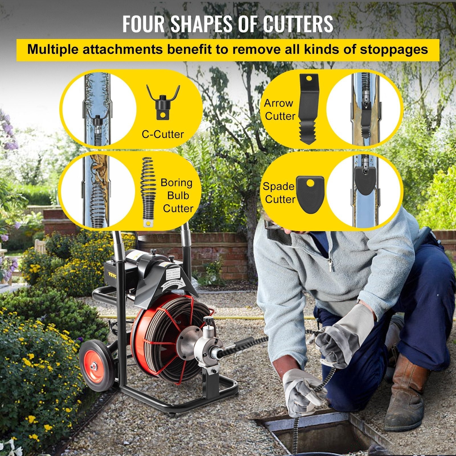 VEVOR 100 Ft x 1/2Inch Drain Cleaner Machine fit 2 Inch (50mm) to 4 Inch(100mm) Pipes 550W Open Drain Cleaning Machine 1700 r/min Electric Drain Auger with Cutters Glove Drain Auger Sewer