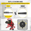 VEVOR 50 Ft x 1/2 Inch Drain Cleaner Machine Best fit 1”(25mm) to 4”(100mm) Pipes Drain Cleaning Machine Portable Drain Auger Cleaner with 4 Cutters Electric Drain Auger Plumbing Tool (50Ft x 1/2In)