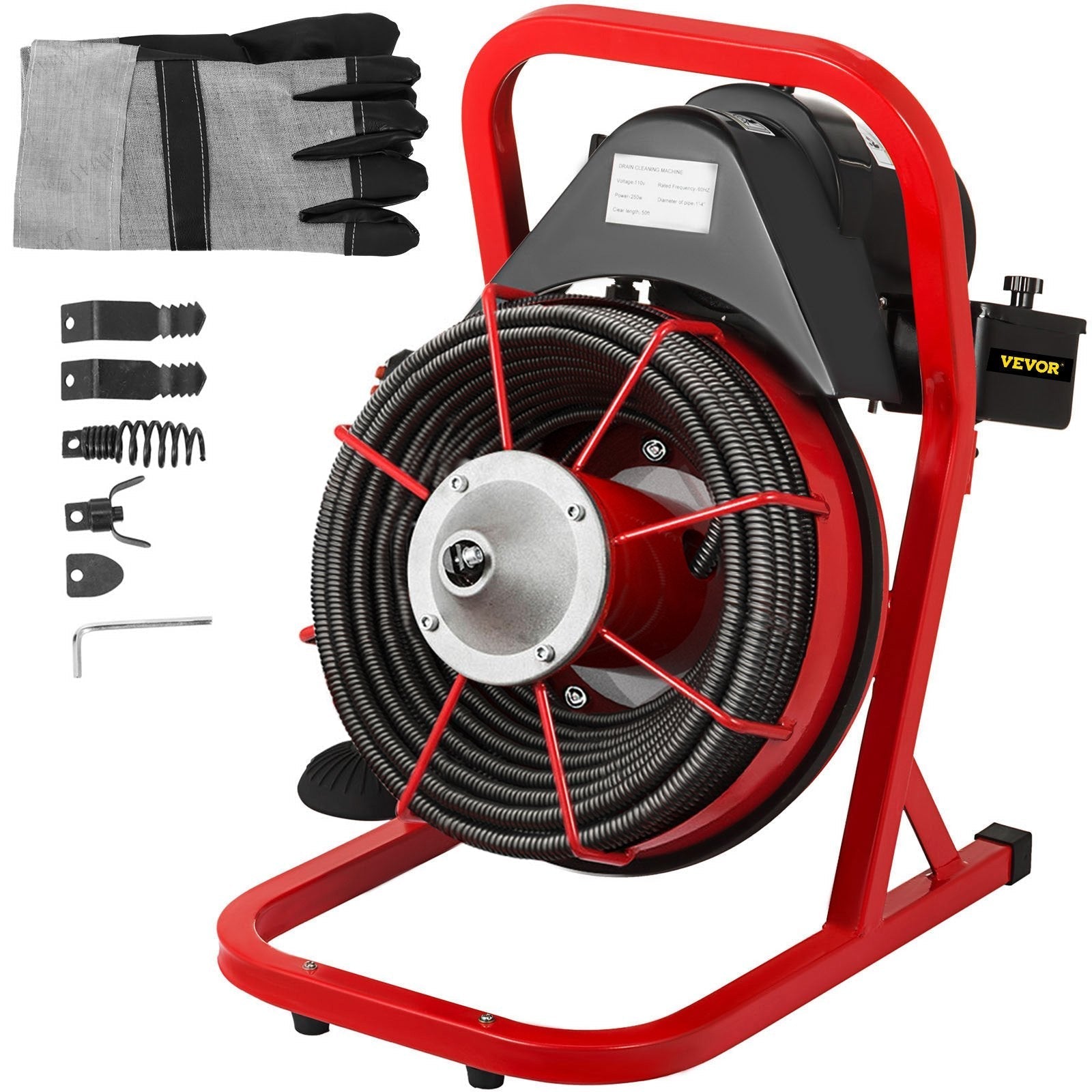 VEVOR 50 Ft x 1/2 Inch Drain Cleaner Machine Best fit 1”(25mm) to 4”(100mm) Pipes Drain Cleaning Machine Portable Drain Auger Cleaner with 4 Cutters Electric Drain Auger Plumbing Tool (50Ft x 1/2In)