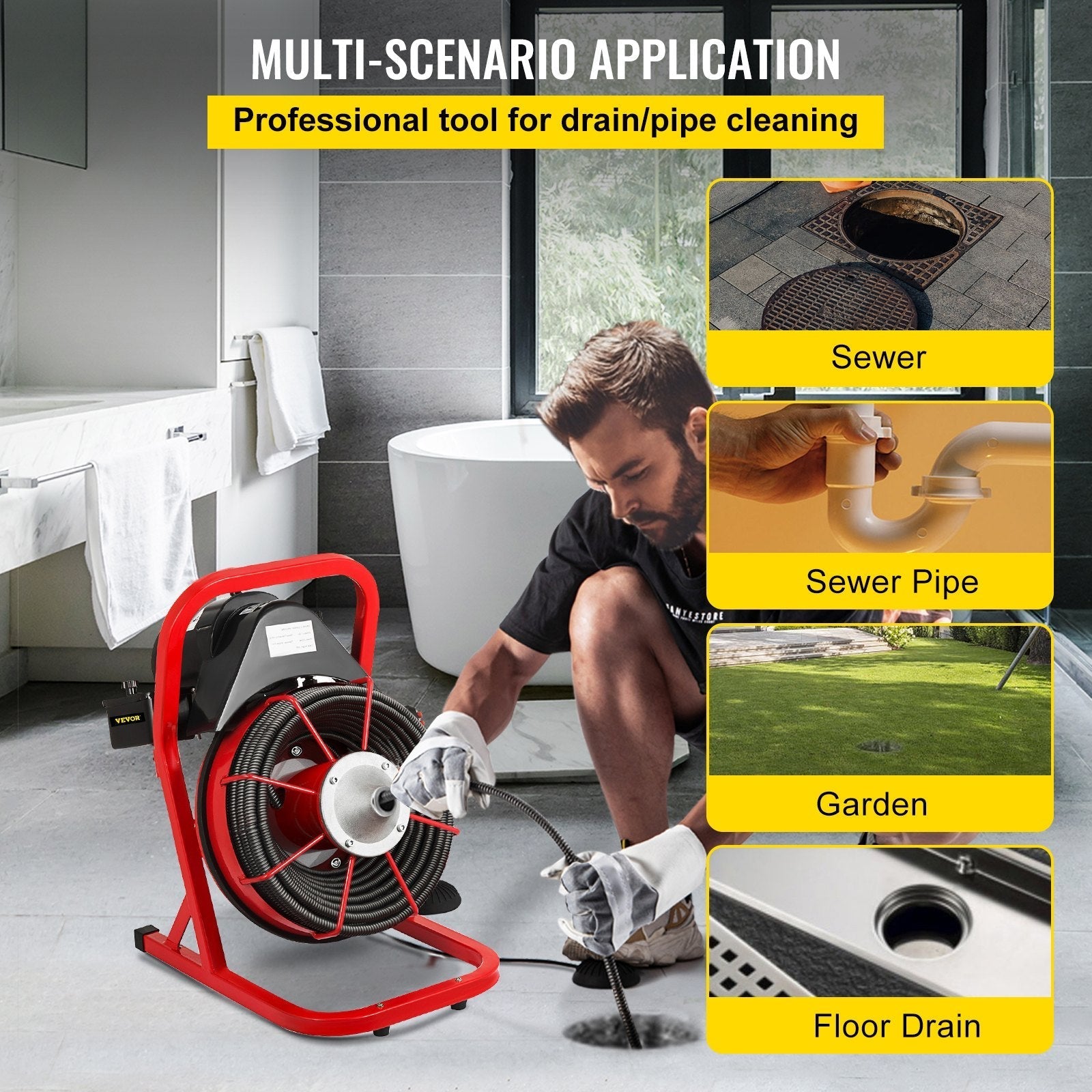 VEVOR 50 Ft x 3/8 Inch Drain Cleaner Machine fit 1 Inch (25mm) to 4 Inch(100mm) Pipes 370W Drain Cleaning Machine Portable Electric Drain Auger with Cutters Glove Drain Auger Cleaner Sewer