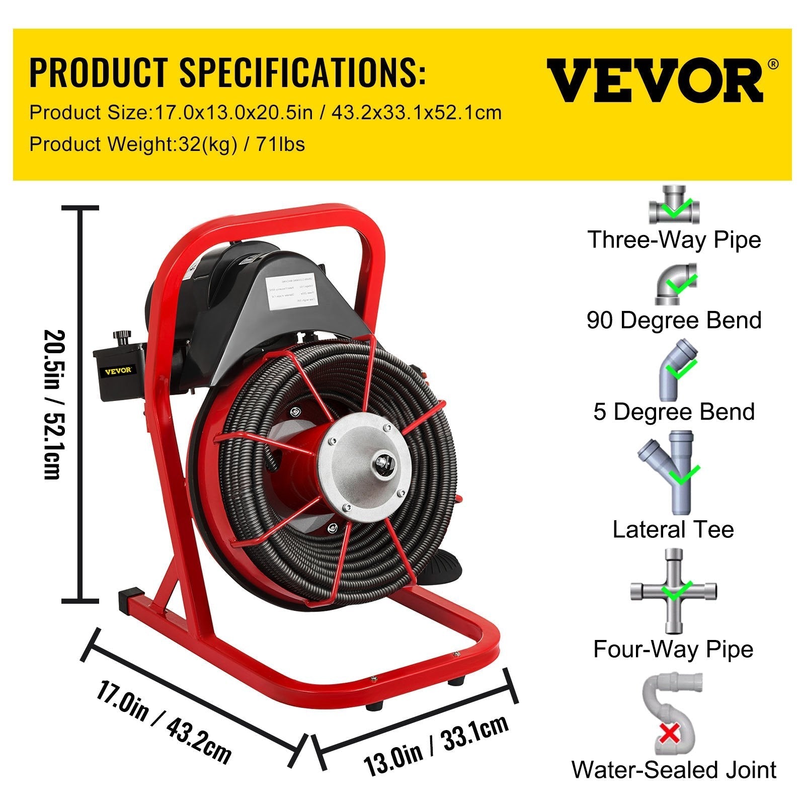 VEVOR 50 Ft x 3/8 Inch Drain Cleaner Machine fit 1 Inch (25mm) to 4 Inch(100mm) Pipes 370W Drain Cleaning Machine Portable Electric Drain Auger with Cutters Glove Drain Auger Cleaner Sewer