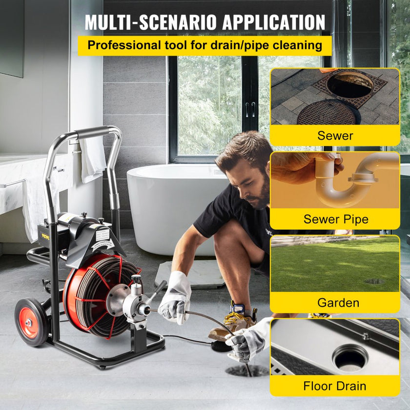 VEVOR 75 Ft x 3/8Inch Drain Cleaner Machine fit 1 Inch (25mm) to 4 Inch(100mm) Pipes 370W Open Drain Cleaning Machine Portable Electric Drain Auger with Cutters Glove Drain Auger Cleaner Sewer