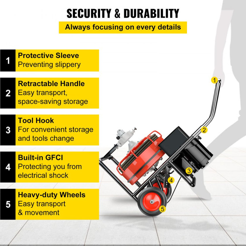 VEVOR 75 Ft x 3/8Inch Drain Cleaner Machine fit 1 Inch (25mm) to 4 Inch(100mm) Pipes 370W Open Drain Cleaning Machine Portable Electric Drain Auger with Cutters Glove Drain Auger Cleaner Sewer